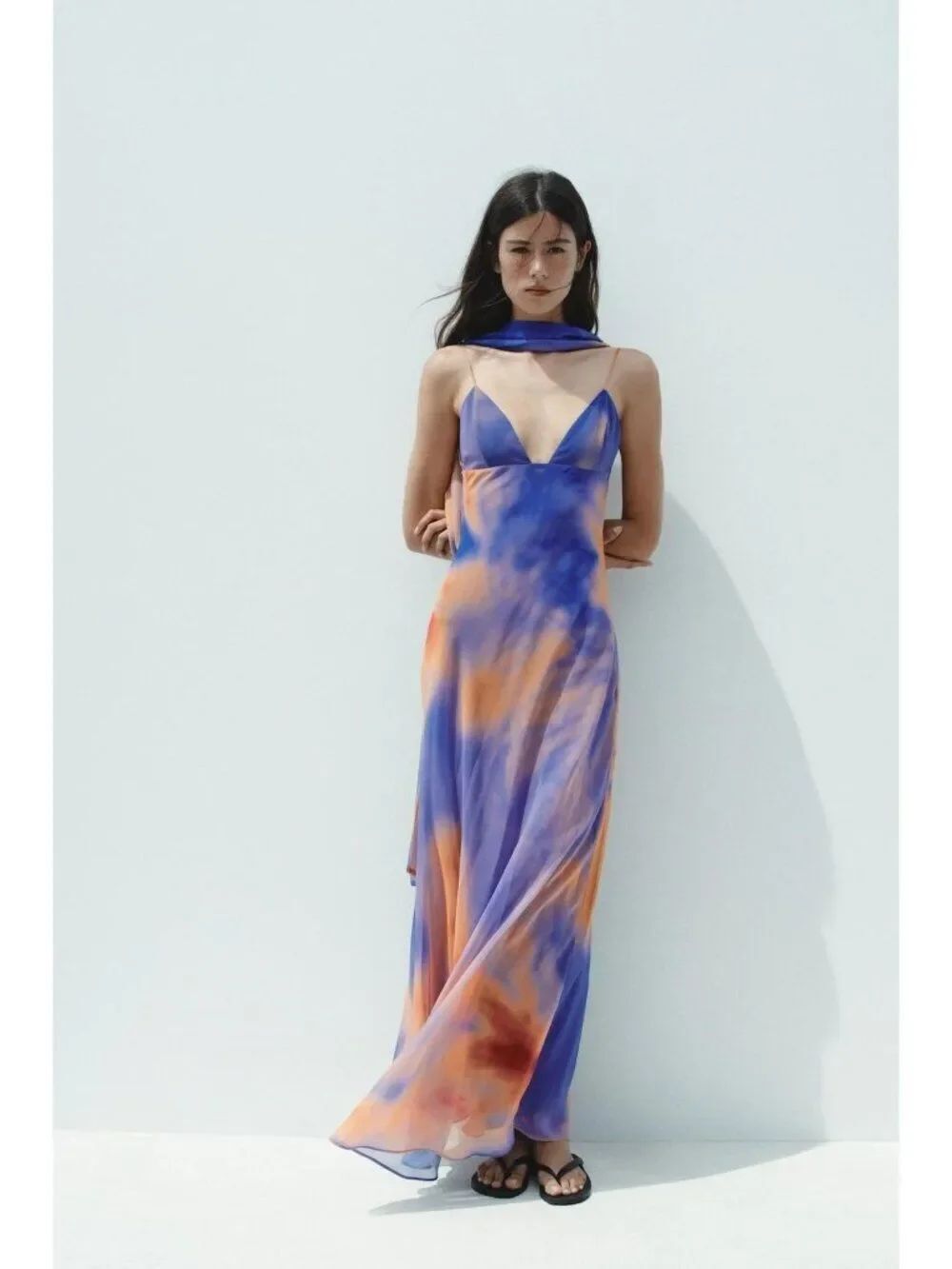 Zara Women Printed Long Dress Size XS Orange Blue Tie-Dye Open Back 8221/119 NWT